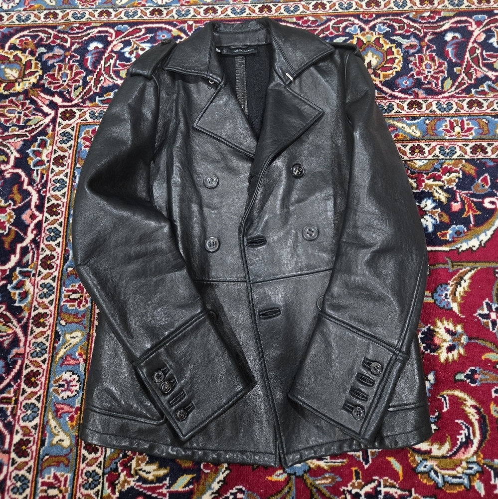 Mens DSQUARED2 Black Leather Pea Coat. Size 50